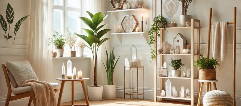 Un intérieur de maison propre et lumineux, et des cristaux posés sur les étagères et les tables.
