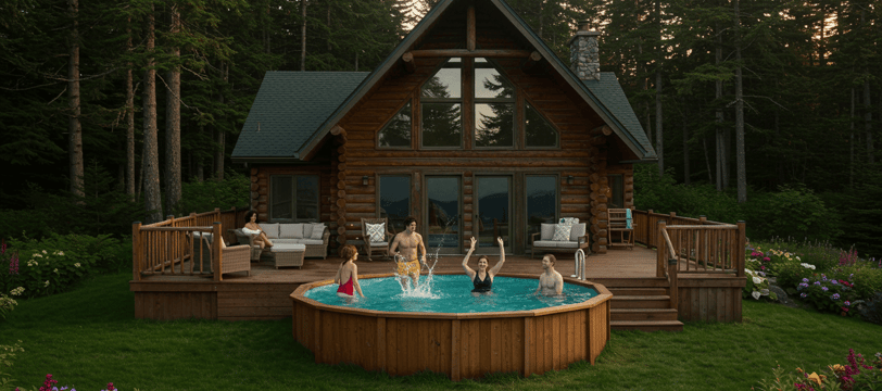 a cabin with a pool in the backyard