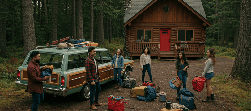 a group of people unpacking car for cabin trip