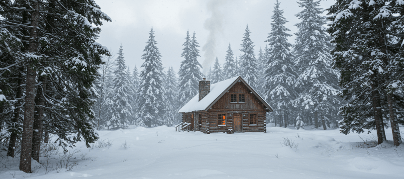 a cabin in the woods with a cabin in the snow