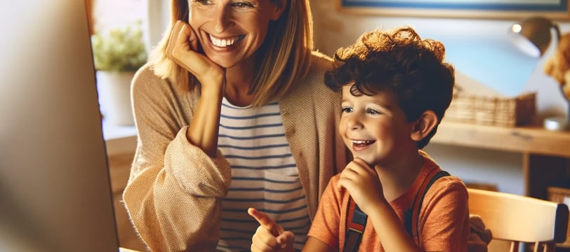 a woman and a child sitting at a desk