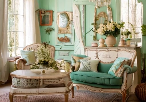 Shabby chic interior with chandelier and couches