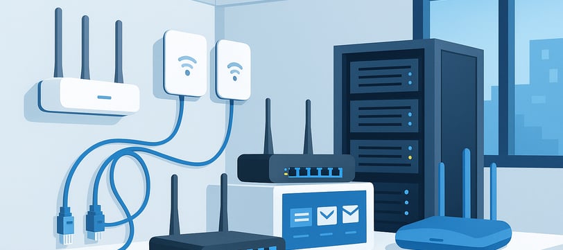 Modern bir ofiste kablosuz erişim noktaları, router’lar ve sunucu raflarıyla tam kurulu bir IT altya