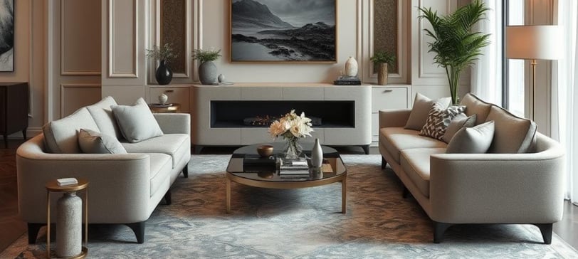 a living room with a couch and a chandelier
