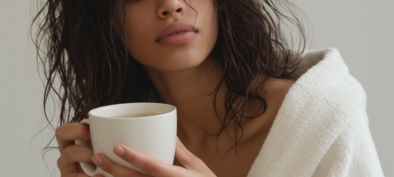 a woman in a white robe is holding a cup of coffee
