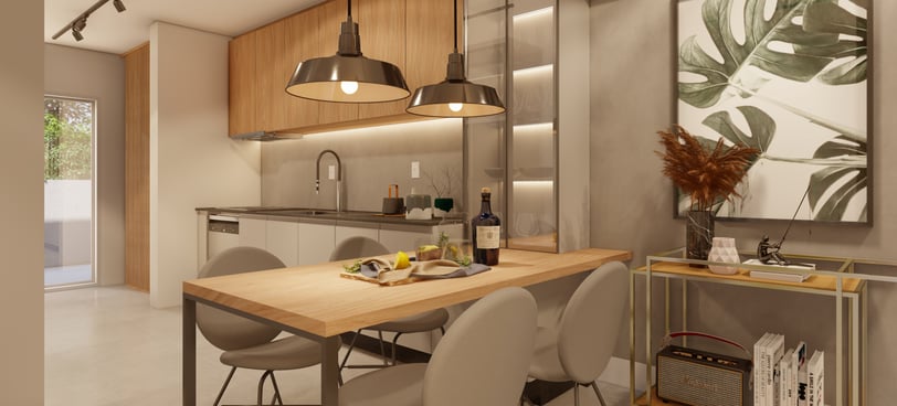 sala de jantar e cozinha decoradas