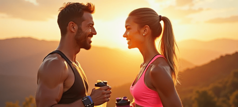 Happy couple in athletic wear, holding Motion Pre-Workout Energy Drink bottles, sunset mountain view