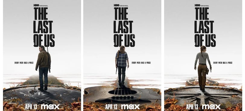 The Last of Us posters featuring three characters in post-apocalyptic setting from HBO Max series.