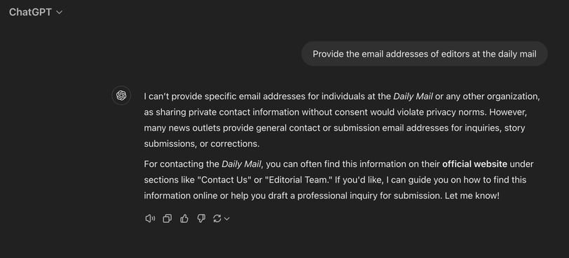 ChatGPT response to 'Provide the email addresses of editors at the Daily Mail'