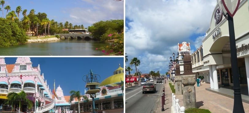 Vista do centro de Oranjestad, Aruba, com suas coloridas fachadas típicas, comércio local.
