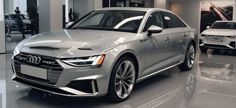 a silver audi is parked in a showroom