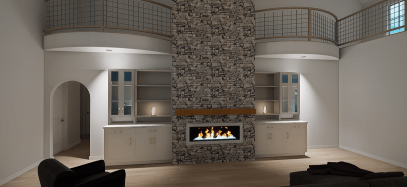 custom farmhouse living room open vaulted ceilings fireplace