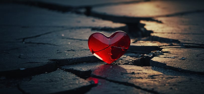 a broken heart shaped glass heart on a cracked - up floor