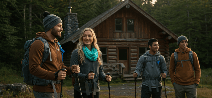 a group of people standing in front of a cabin