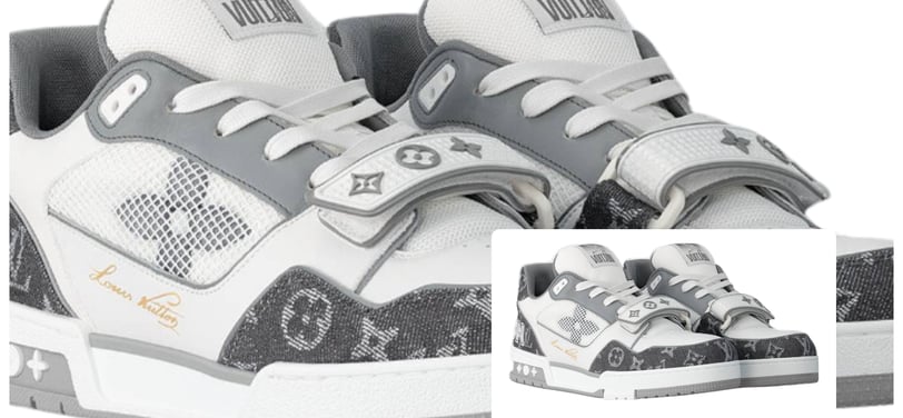a pair of shoes with a white and grey design Louis Vuitton LV Trainer