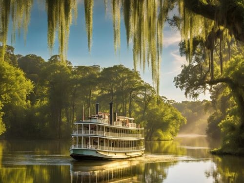 a boat on the river with a view of the river