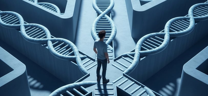 Conceptual image of a person navigating a maze, walls are formed by DNA strands, questioning free will versus genetic program