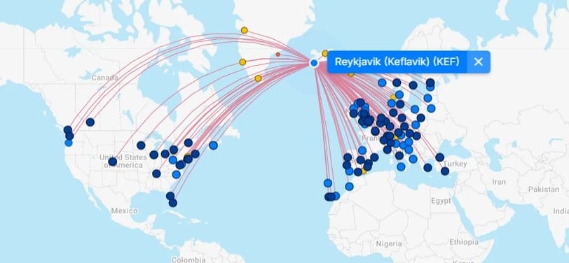 Flightconnections.com showing routes to get to Iceland