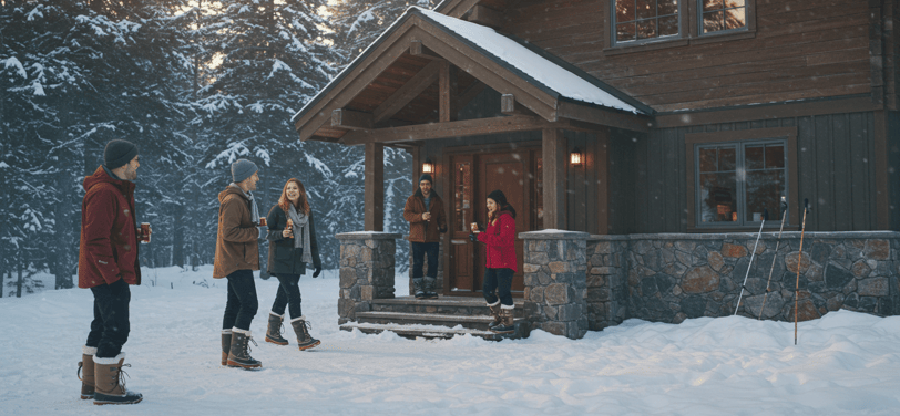 a group of people standing in front of a house