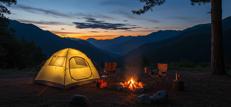Mountain scenic campsite with camping chairs, camping cookware, tent around a campfire