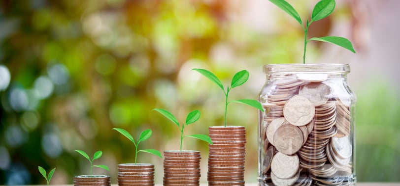 coins accumulating in growth with each stack and have plants sprouting for growing retirement savings
