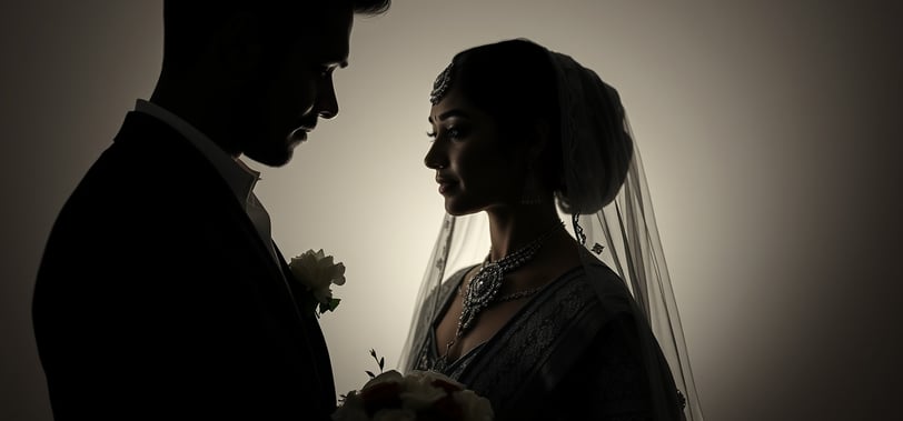 a bride and groom standing in silhouettes of their heads