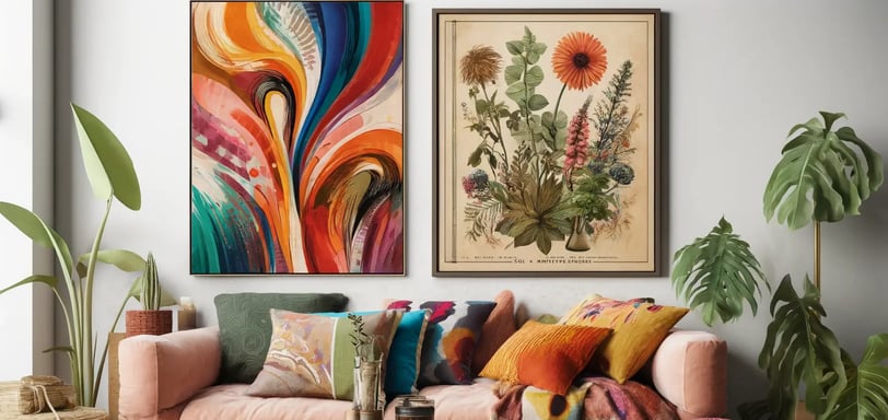 A vibrant abstract painting with a vintage botanical print