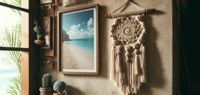 handmade macramé hanging next to a framed photo from a vacation