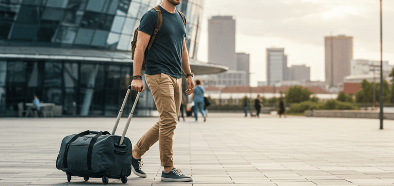 man pulling a duffel bag on wheels