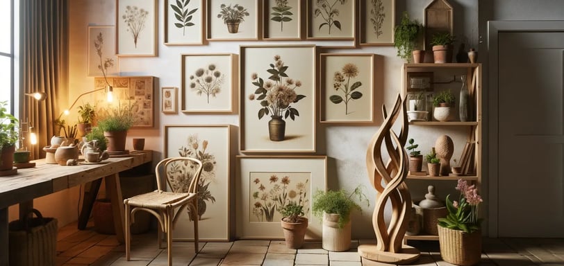 Bohemian-inspired indoor setting featuring a series of framed botanical prints alongside a wooden sculpture