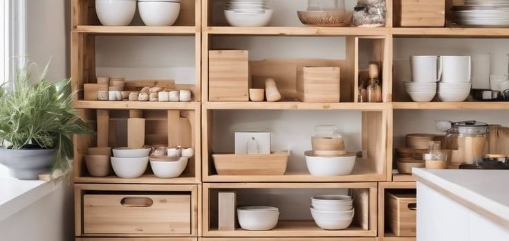 Organização de armário de cozinha, prateleiras, caixas organizadoras em madeira, com louças brancas.