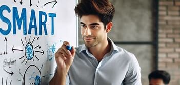 man presenting with marker, in front of whiteboard written SMART and other scribblings..