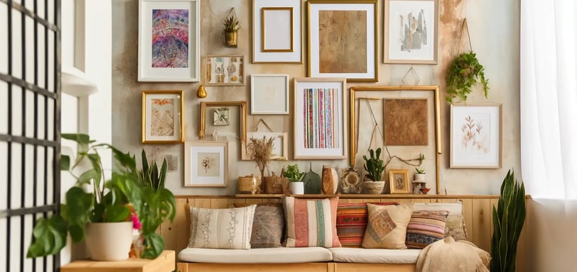Mix of white, gold, and natural wood frames in a gallery wall