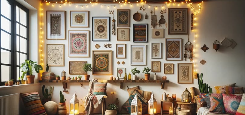 Bohemian-style room with a gallery wall adorned with string lights draped around the edges and decorative lanterns