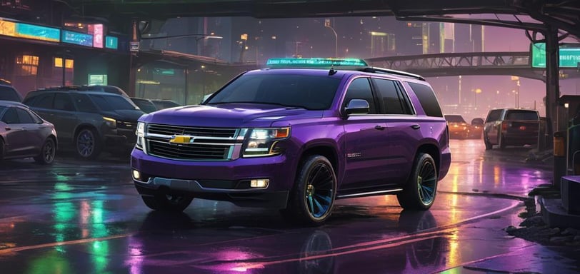 a purple suv parked in front of a bridge
