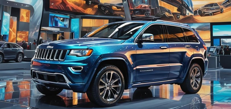 a blue jeep parked in a showroom