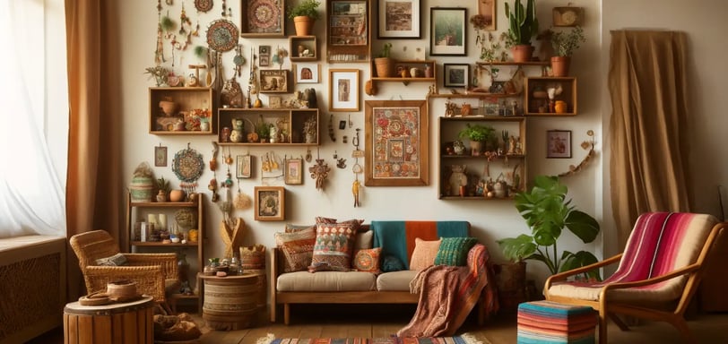 a Bohemian-style room featuring floating shelves decorated with small art pieces, framed photos, and decorative objects