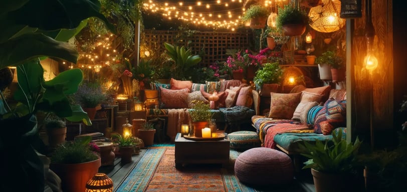 bohemian outdoor space illuminated by ambient lighting