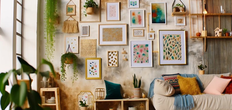 white, gold, and natural wood frames in a gallery wall