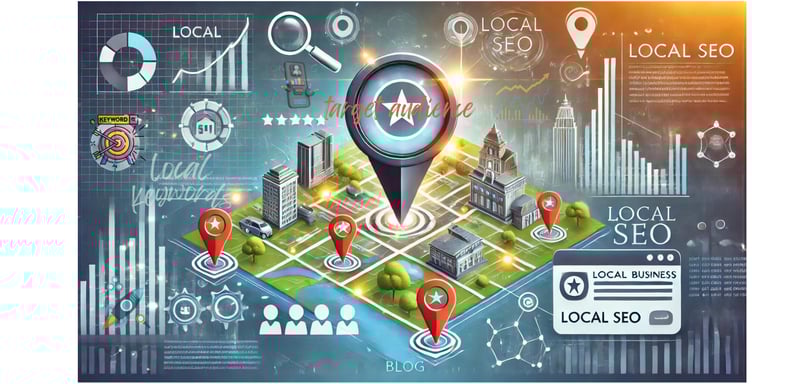 a digital map with location pins, a magnifying glass highlighting a specific local business