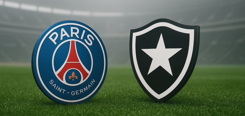 escudos de PSG e Botafogo sobre um gramado com arquibancada ao fundo