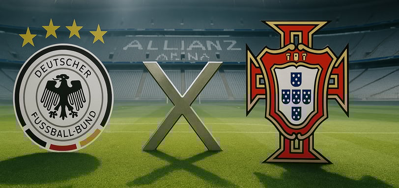 Escudos da Alemanha e de Portugal no gramado da Allianz Arena com um X metálico entre eles.