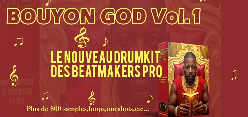 flyers du bouyon god vol1 de couleur rouge et jaune et boîte du kit