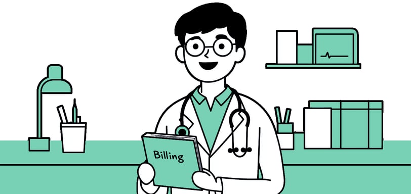 A chiropractor holds a "Billing" folder, symbolizing outsourced bookkeeping benefits