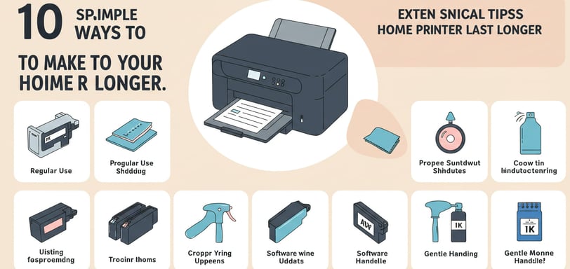 Illustration showing 10 maintenance tips to extend the life of your home printer, including regular