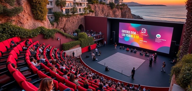 a large screen screen in a large auditorium with people sitting in front of a stage
