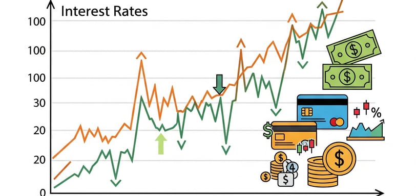 Ilustração em estilo infográfico com um gráfico de linha central mostrando a alta e queda da taxa de