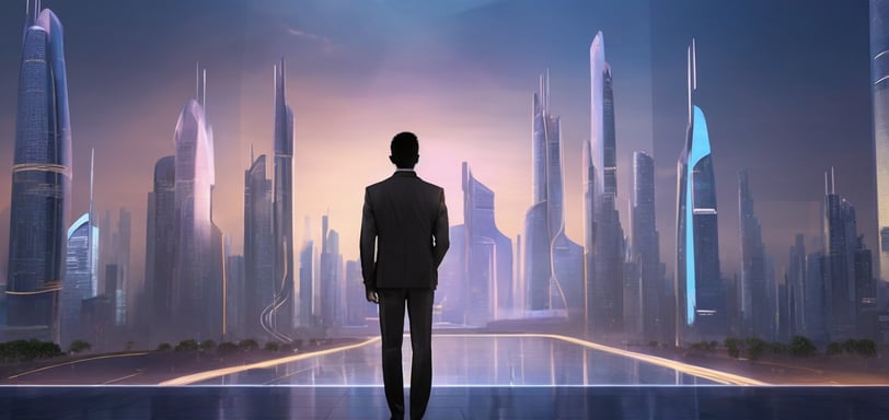 a man in a suit standing in front of a cityscapeople