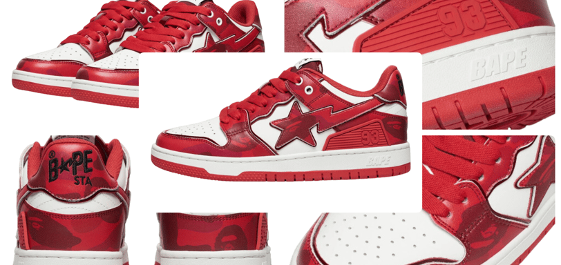 a collage of a red and white sneakers, Bape Sk8 Sta #1