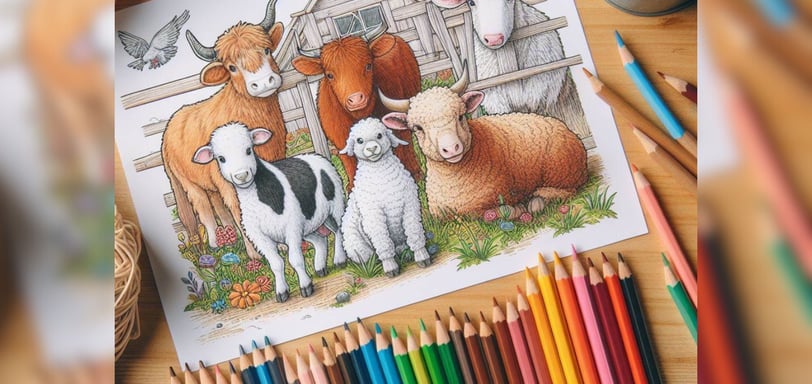 farm animals coloring sheet on a table surrounded by colorful pencils